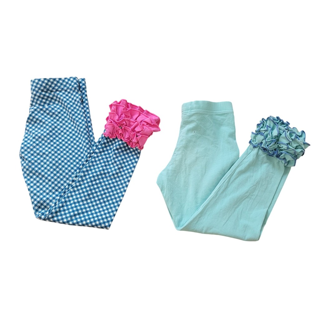 Matilda Jane Lot of 2 Size 6 Leggings Kids Gingham Aqua Ruffle Cuff Pants